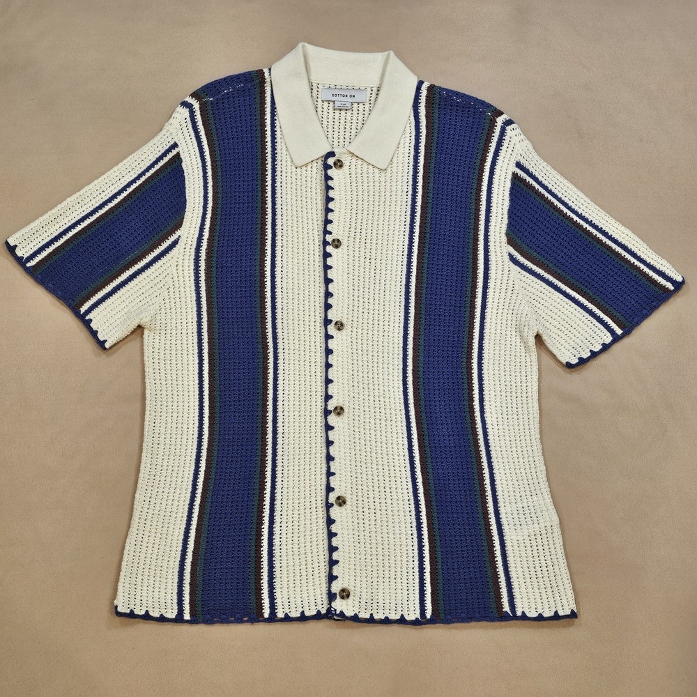 Cotton On Shirt Mens S Pablo Cream Striped Short‎ Sleeve Open Knit Crochet Shirt